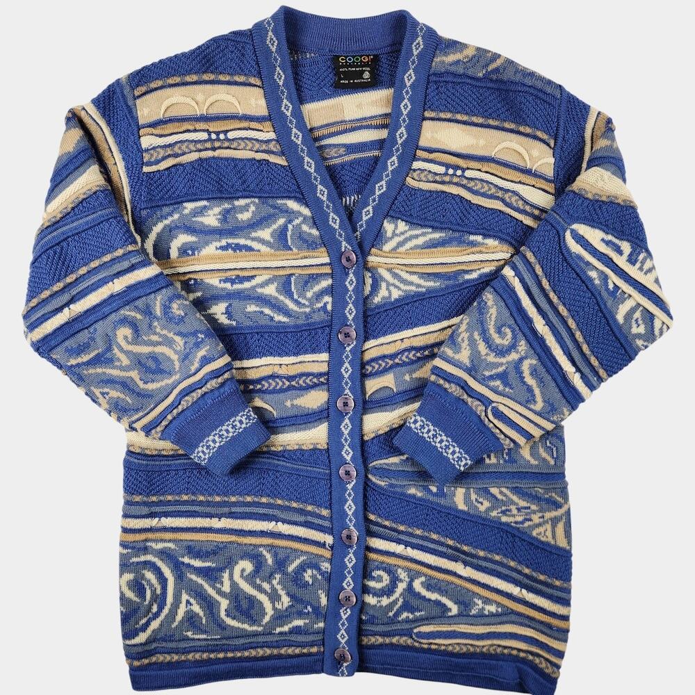 Vintage Coogi 3D Knit Cardigan Sweater Adult Large Blue 100% Wool Australia 90s